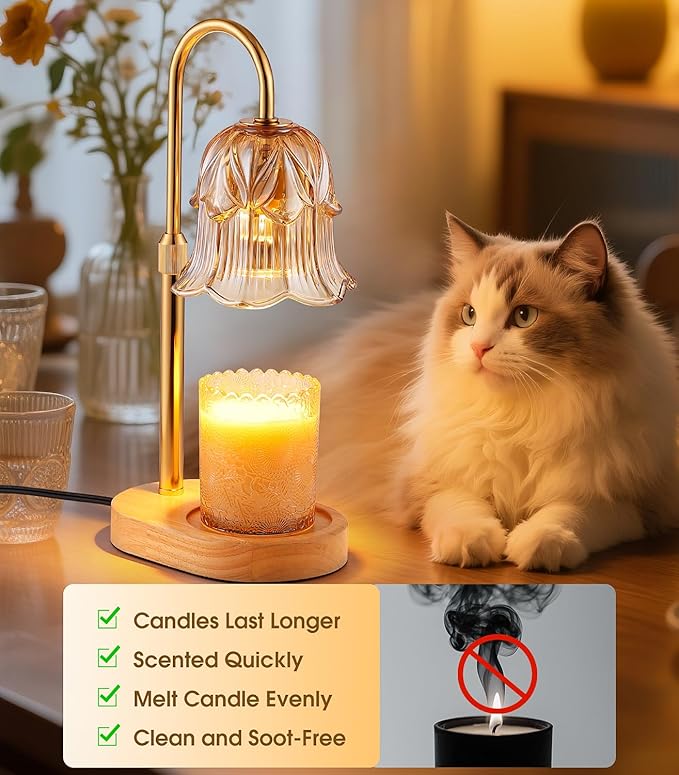 Candle Warmer Lamp Adjustable Timer - Electric Flower Glass Candles Warmers Adjustable Height Dimmable Vintage Base Modern Wax Candles Top Warmers for Small Jar Scented Wax Melts