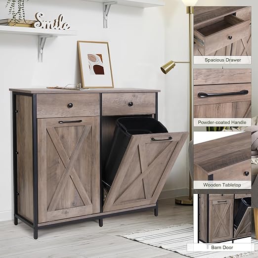 Clevich Double Tilt Out Trash Cabinet 20 Gal, Kitchen Wooden Recycling Cabinet, Hidden Garbage Can Holder w/Drawers & Tabletop, Dog-Proof Trash Bin Cupboard, Rubbish Bins NOT Included(Gray)