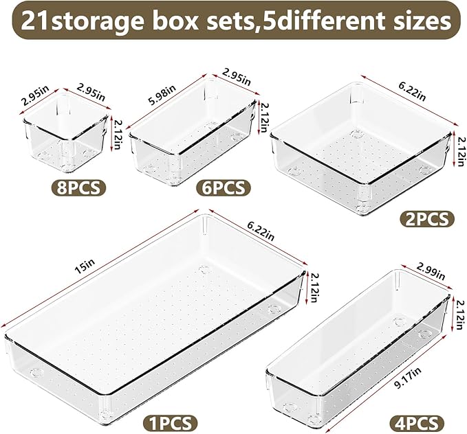 21 PCS Clear Plastic Drawer Organizer Set with 15 Inch Extra Long Bins, 5 Sizes Acrylic Makeup Organizer and Storage Trays, Non Slip Dividers for Vanity, Kitchen and Office