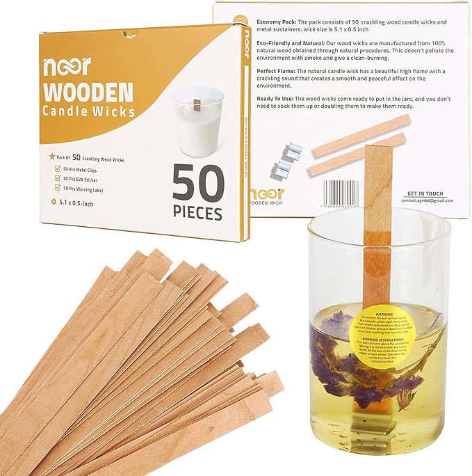 NOOR Crackling Wooden Wicks for Candles - Pack of 50 Pcs 5.1 x 0.5 inch Wood Wicks with Metal Sustainers, EVA Stickers and Warning Labels - Eco-Friendly Wooden Candle Wick