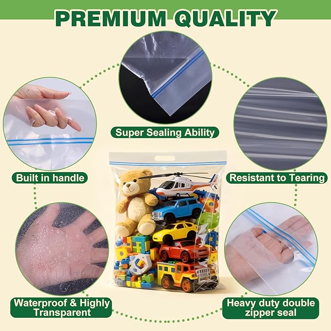 5 PACK 25 Gallon Extra Large Storage Bags, 35.5"x 24"x 7" Resealable Clear Zipper Bags with Handle, Heavy Duty Big Bag for Clothes Pillow Travel Moving, Expandable Bottom, 8 Mil Thick