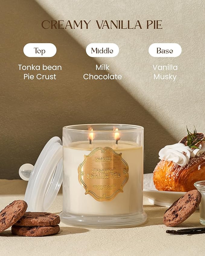 M&SENSE Creamy Vanilla Pie Soy Candles for Home Scented, Organic Non Toxic 12.7oz Large Jar Candle 75 Hours Long Lasting Slow Burning, Winter Home Fragrance Housewarming New Year Gifts