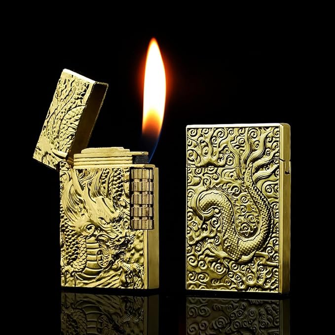 Dragon Relief Design Side Wheel Frosted Lighter, Refillable Butane, Soft Flame Lighter, Flip, Outdoor, Camping, Men's Gift (Free of Butane Gas) Silver