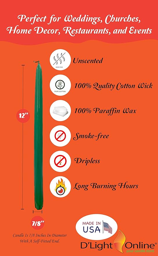 D'light Online Elegant 12" Unscented Holiday Green Taper Candles Premium Quality Candles Hand-Dipped, Dripless Tapered Candles and Smokeless - Set of 12 Individually Wrapped (12 Inch, Holiday Green