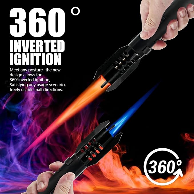 Butane Torch Lighter Cooking Torch Refillable Windproof Firelighter Bright Fire Lighter Christmas Stocking Stuffer Gifts for Men Dad, Blue Red Flame Adjustable Jet Flame for BBQ (Gas Not Included)