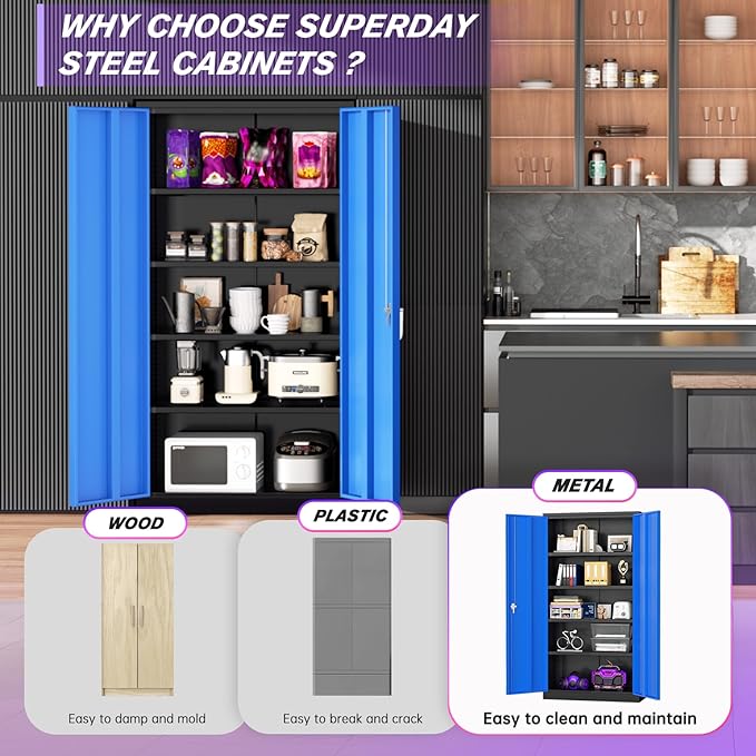 Superday Metal Storage Cabinets, 72" Storage Cabinet with Locking Door, Tall Garage Cabinet with 2 Doors and 4 Adjustable Shelves for Home Office, Classroom, Easy Assemble(Black Blue)