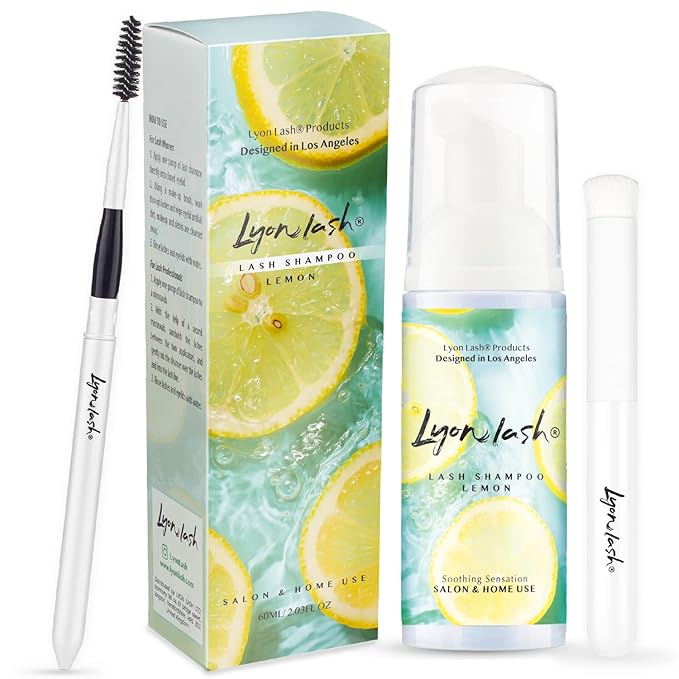 Lyon Lash Eyelash Extension Shampoo (Lemon), Oil Free Foam Cleanser Kit | Remove Eye Makeup & Oil & Dust | Professional Salon And Home Use (60ml + 1 mascara wand + 1 cleansing brush)