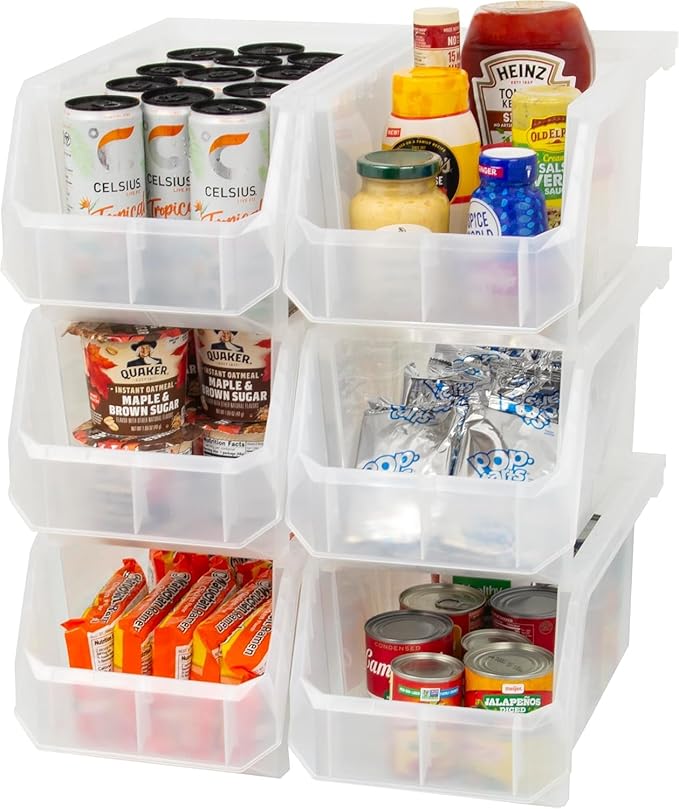Large Plastic Storage Bins, Stackable Organizer Containers for Closet Pantry Shelf Garage and Office Organization, Clear, 6 Pack