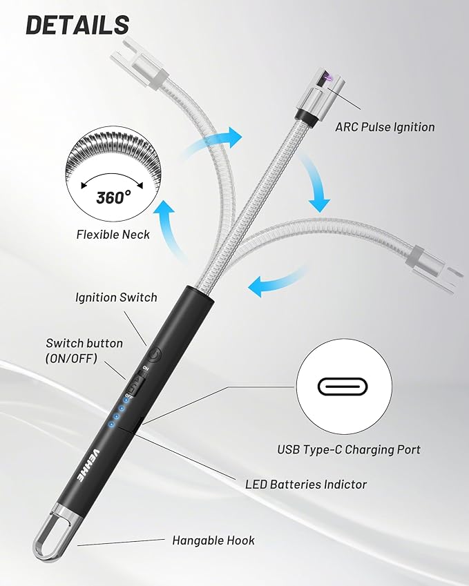 VEHHE Candle Lighter, Electric Rechargeable Arc Lighter with LED Battery Display Long Flexible Neck USB Lighters for Light Candles Gas Stoves Camping Barbecue