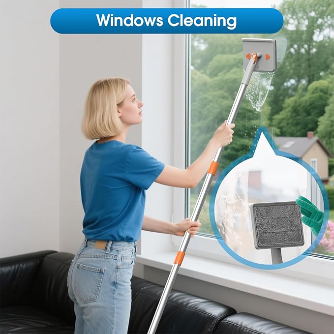 Extendable Cleaner for Ceiling Fan and Baseboards Cleaner Tool- 79” Adjustable Cleaning Kit with 9 Reusable Pads, Ceiling Fan Blade Cleaner Duster Set with Long Handle, Wall, Floor, Windows