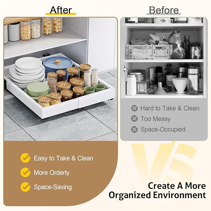 Pull Out Cabinet Organizer, Expandable Width (11.4"-18.9") Depth (16.3"-21.7") Pull out Drawers for Cabinets with 3 Rails, No Drill Adhesive Film or Nail Fixed Slide out Drawers for Kitchen, Pantry