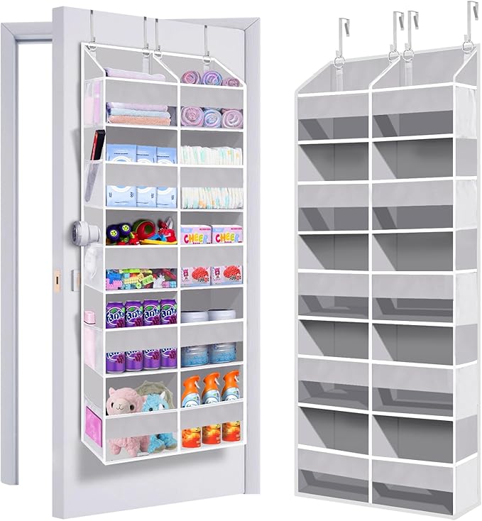 Heavy Duty Over The Door Organizer 5 Tiers, Extra Large Behind Door Storage of 10 Front & 10 Mesh Pockets, 80lb Weight Capacity, Hanging Doors Storage for Closet Bedroom Nursery, Light Gray