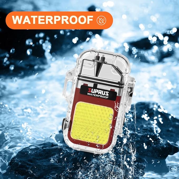 SUPRUS Waterproof 3 Modes of Flashlight Windproof Lighter Dual Arc Electric Rechargeable Dual Arc Plasma Lighter with Survival Emergency Whistle and Lanyard (Red, 2Packs)