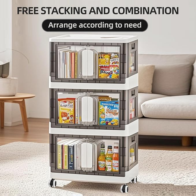 Folding Storage Organizer with Silent casters | Stackable Design for Home & Office, Heavy-Duty Plastic Storage Bin with Clear Door, 3 Sizes (19.5/23.5/27.5in),Black/White (23.6" 2 layer, White)