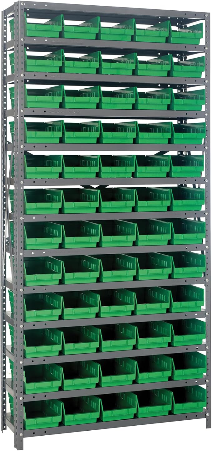 Quantum Storage Systems 1875-104GN Solid Heavy Duty 13 Shelves 60 Economy Green Bins 75" H x 36" W x 18" D