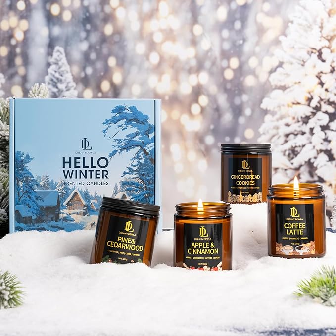 Winter Candle Set, Candles for Home Scented, 4 Pack Soy Candles Gifts for Women Men, Winter Scents of Gingerbread Cookies/Apple & Cinnamon/Coffee Latte/Pine & Cedarwood