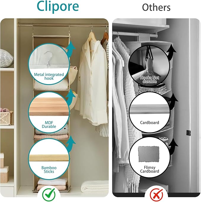 2 Pack 6-Shelf Hanging Closet Storage,Strong Frame Beige Closet Organizer with Side Pockets for Clothes and Accessories, Closet Organizers and Storage Solution, Send Goods from Local Warehouse