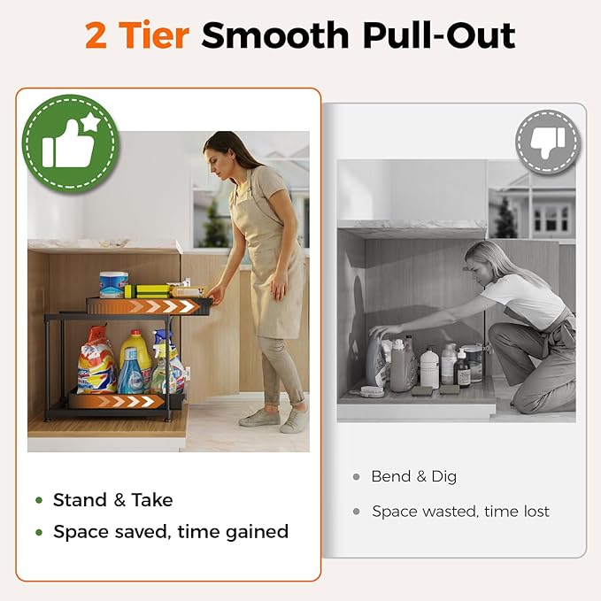 3 Pack Under Sink Organizer, 2 Tier Slide Out Bathroom Cabinet Organizer, Multi-Purpose Storage Shelf for Kitchen, Black, 12.8Inch