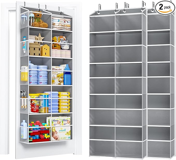 2 Pack 5-Tier Over The Door Organizer with 10 Side Mesh Pockets & Clear Windows, 80 lbs Weight Capacity Hanging Storage for Bathroom, Bedroom, Nursery, Kitchen, Organize Shoes, Diapers(Clear Grey)