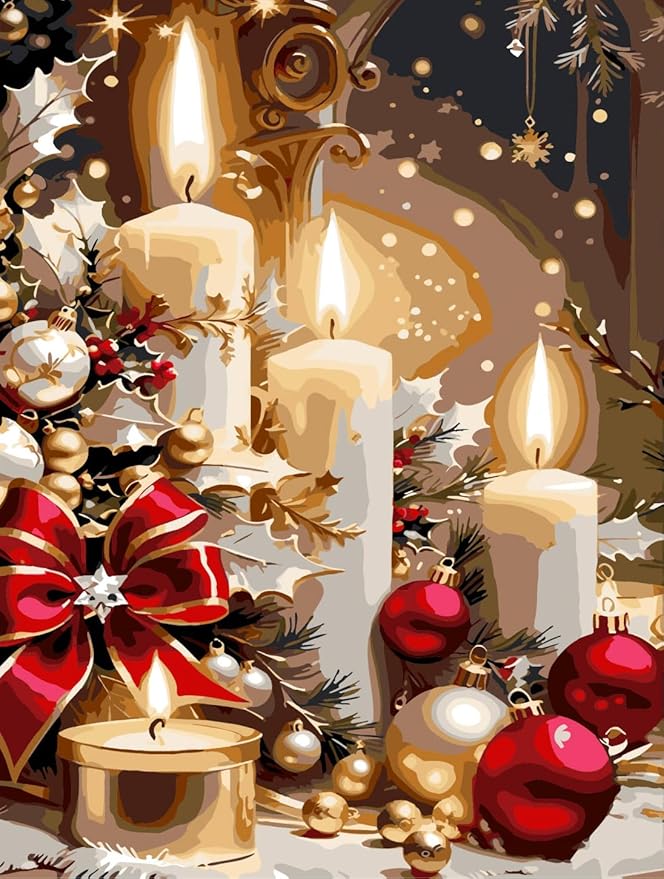 AREOPNMG Christmas Candles Paint by Numbers Kit for Adults Beginner DIY Winter Painting by Numbers Kits,with 3 Brushes and Acrylic Paint(Without Frame), Home Wall Decor 12 x 16 in