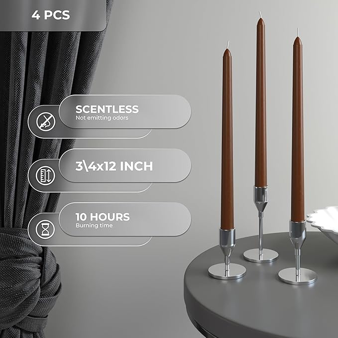 CANDWAX 12 inch Taper Candles Set of 4 - Dripless and Smokeless Unscented - Slow Burning Candle Sticks - Brown Candles