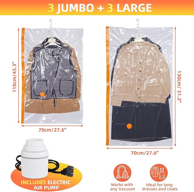 AGPTEK 6-Pack Hanging Vacuum Storage Bags for Clothes, Suits, Dresses & Jackets (3 Jumbo,3 Large) with Electric Pump - Space Saver Closet Organizer, Travel & Moving Supplies, Heavy Duty PA+PE