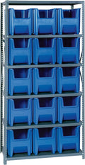 Quantum QSBU-600BL Heavy Duty Shelving Unit with (6) Shelves and (15) QGH600 Blue Bins for Industrial Warehouse Storage Distribution | 400 lbs Load Capacity | 18"D x 36"L x 75"H, Gray Carbon Steel