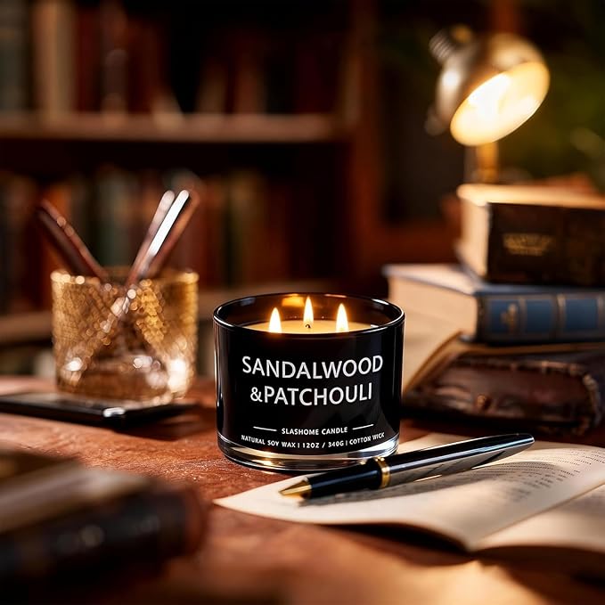 Sandalwood & Patchouli Scented Candle, Luxury Large 3 Wick Soy Candle 12 Oz, 60+ Hour Long Lasting Clean Burn, Elegant Aromatherapy Home Decor, Housewarming & Birthday Gift for Men & Women