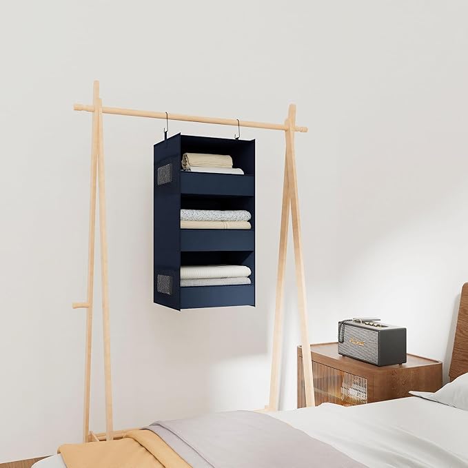 3-Shelf Hanging Closet Organizer and Storage, Foldable Hanging Closet Shelves Front Lip Design Washable Hanging Storage, Navy Blue