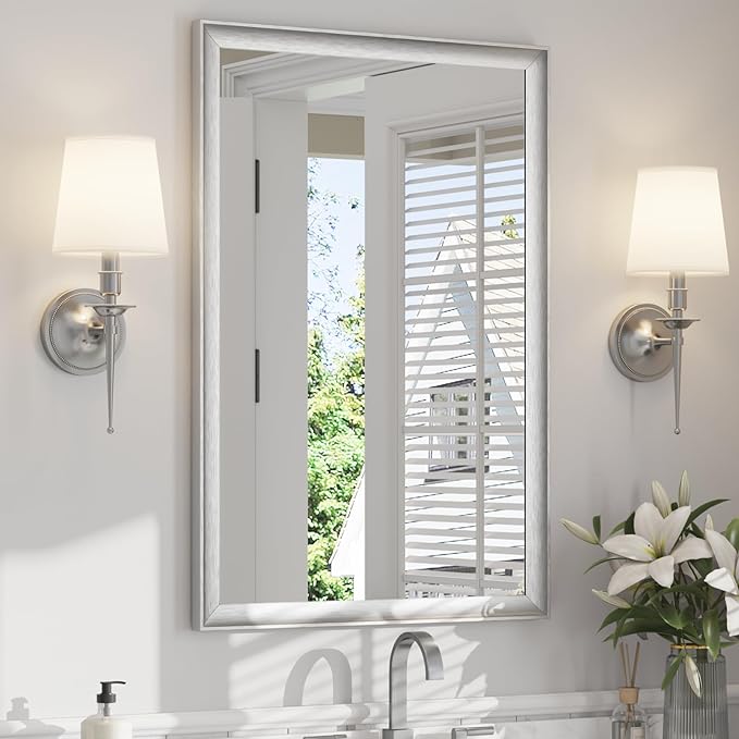 USHOWER Brushed Nickel Bathroom Mirrors for Over Sink 24x36 Inch, Metal Framed Rectangle Vanity Mirror for Wall, Bedroom, Living Room, Entryway, Anti-Rust, HD Tempered Glass, Horizontal/Vertical