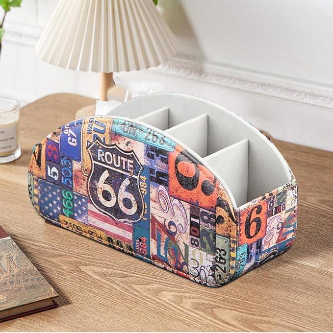 TV Remote Control Holder with 5 Compartments,Pu Leather Remote Caddy/Box/Tray Bedside Table Desk Storage Organizer for DVD, Blu-Ray, Media Player, Heater Controllers and Cosmetics Office Supplies