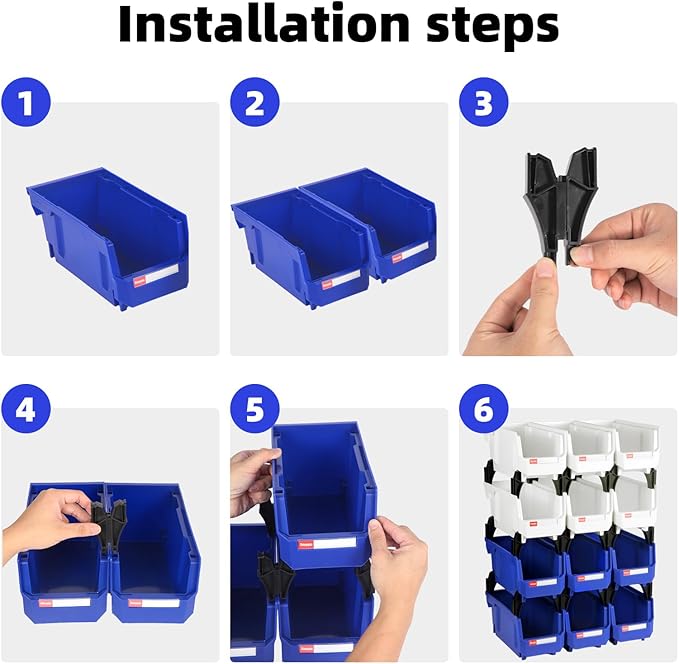 Stackable Storage Bins 12 Pack (11x5x5 Inch), Plastic Stackable Storage Organizer Bins Wall Mounted Hanging Small Parts Bin for Garage, Workbench & Office (Blue & White)