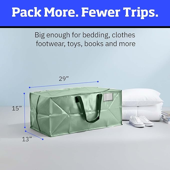 DURASACK Heavy Duty Moving Bag Storage Container Duffle Bag with Zipper, Reinforced Carry Straps and Backpack Straps, Made of Rugged Woven Polypropylene, Pack of 4, Sage