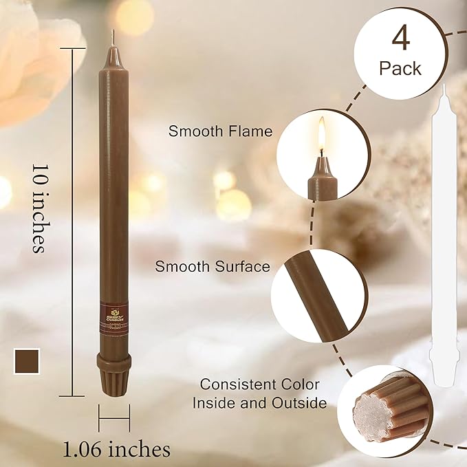 Brown Taper Candle 10 Inch Long Candlesticks Unscented Dripless Tapered Candle Set for Fall Decorations Home Wedding Party Dinner Candles, 4 Pack