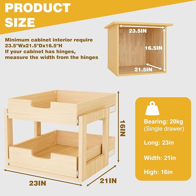 Pull Out Cabinet Organizer, 23''W×21''D×16''H Soft Close Slide Out Wooden Pull out Drawers, Double Tier Slide out Wood Cabinet Organizer, for Base Cabinet Organization in Kitchen, Pantry, Bathroom