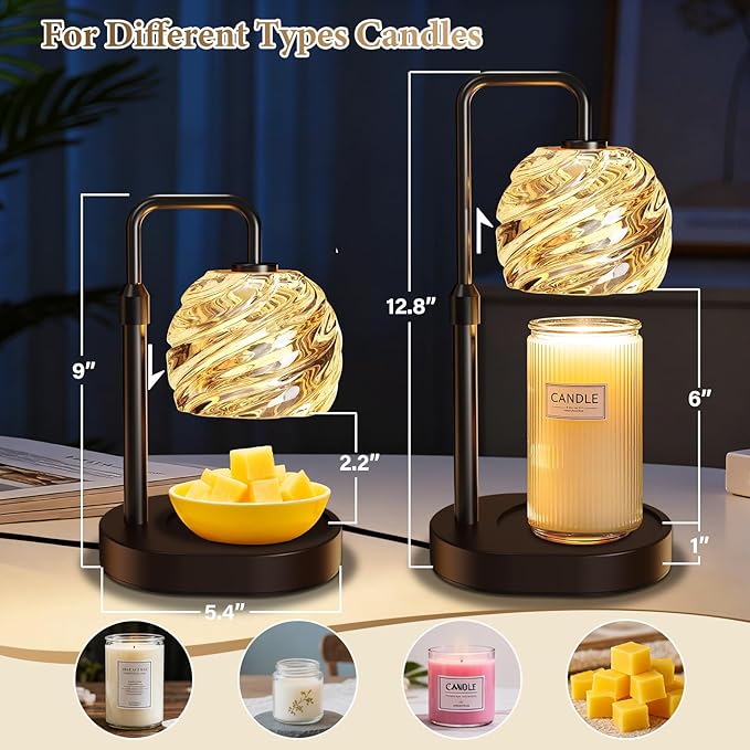 WarmEmbrace Candle Warmer Lamp with Timer for Jar Candles - Dimmable, Height and Brightness Adjustable Electric Wax Warmer Black, 2 Bulbs Included, House Warming Gift & Vintage Home Decor