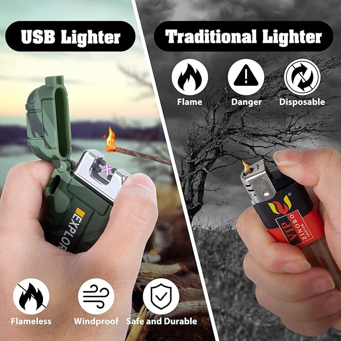 LcFun Electric Dual Arc Lighter USB Rechargeable Outdoor Windproof Flameless Plasma Lighters for Camping, Hiking, Waterproof Matches Survival Tactical Gear Birthday Gifts for Men