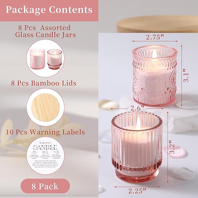 8 Pack Pink Assorted Glass Candle Jars for Making Candles-7 Oz, Empty Candle Containers, Candle Making Supplies, Candle Vessels with Bamboo Lids & Warning Labels, Centerpiece Table Decor