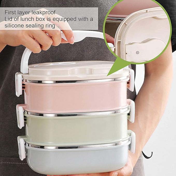 2700ml Lunch Box, 304 Stainless Steel Adult Lunch Containers Portable Leakproof Stackable Bento Box Food Storage for Office Outdoor Travel（3 Layer） (RXV123)