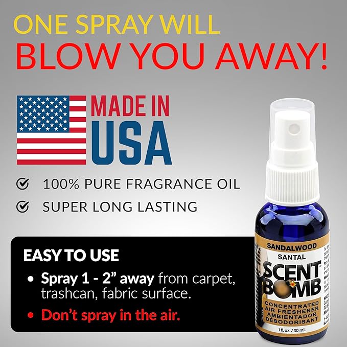 Scent Bomb Air Freshener Spray, Long-Lasting Odor Eliminator - Effective Deodorizer for Home & Car, Fresh Room Spray for Kitchen, Bathroom & Smell Neutralizer - 1 oz Pack of 4, Sandalwood Scent
