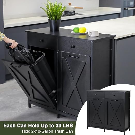 Clevich Double Tilt Out Trash Cabinet 20 Gal, Kitchen Wooden Recycling Holder With Drawers & Tabletop, Dog-Proof Bin, Trash Bins NOT Included (Black)