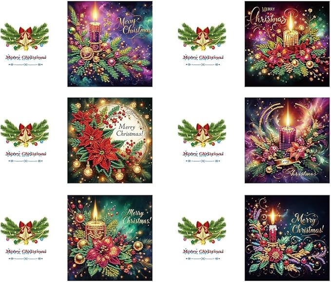 6Pcs Christmas Diamond Art Kits for Adults - DIY 5D Diamond Painting Cards with Envelopes, Sparkling Holiday Candles & Wreath Greeting Cards, Special Shaped Drill Art Crafts