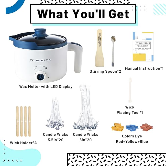 Ksedcon Wax Melting Pot for Candle Making, Electric Wax Melter with Pour Spout,Candle Making Supplies Includes Pouring Pot, Colors Dyes, Wicks, Thermometer