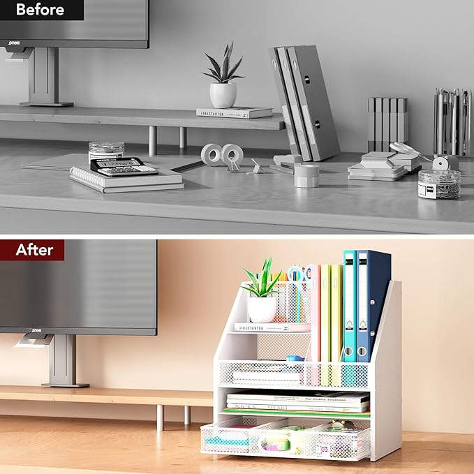 Homsorout Wooden Desk Organizer - Mesh File Organizer with Drawers and Pen Holder - 4-Tier Vertical Paper Letter Storage Tray, Desktop Organizers and Accessories for Home Office （White