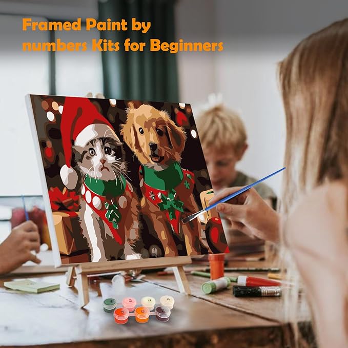 MOGTAA Christmas Paint by Numbers Kit for Adults Beginners with Frame, Cat and Dog Adult Paint by Number Kits on Canvas with Easel, Easy DIY Animal Oil Painting Kits for Home Decor, 8x12in