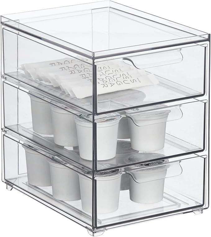 mDesign Plastic Stackable 3-Drawer Kitchen Storage Organizer - Bin with Divided Pull-Out Drawers for Pantry, Shelf, Fridge/Refrigerator, and Freezer Organization - Lumiere Collection - Clear