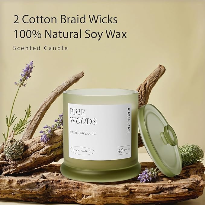 Hidden Label Pine Woods Scented Candle, 13oz Double Wick Soy Wax Candles for Home Scented, Fresh Christmas Tree & Balsam Fir Aroma | 45H Clean Burn Holiday Candles for Winter Decor & Gifts for Women
