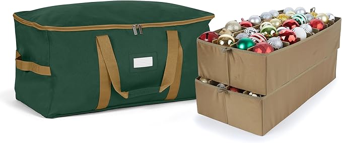 Covermates Keepsakes Adjustable Ornament Storage Bag – Heavy-Duty Polyester, Padded Dividers & FlexGrid Trays – Protective Holiday Ornament Organizer with Handles & Label Window, Green