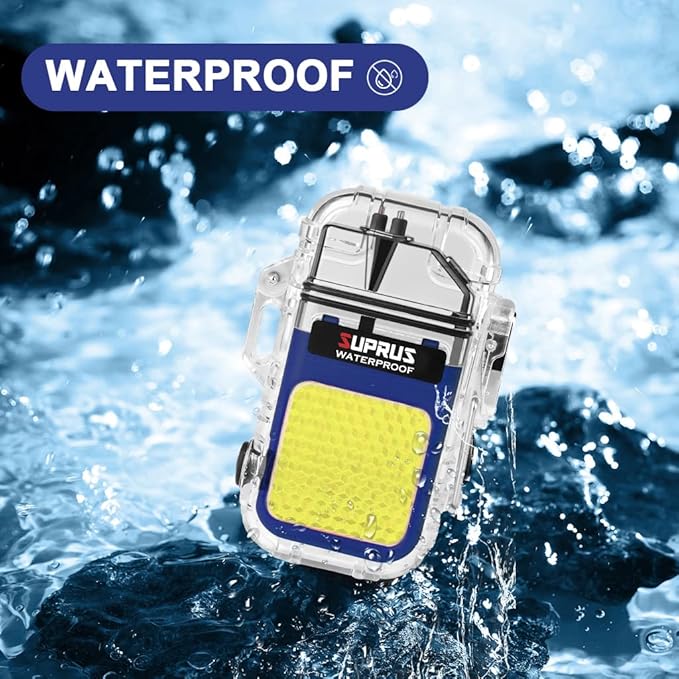 SUPRUS Waterproof 3 Modes of Flashlight Windproof Lighter Dual Arc Electric Rechargeable Dual Arc Plasma Lighter with Survival Emergency Whistle and Lanyard (Blue, 2Packs)
