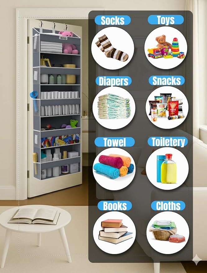 Over the Door Organizer with 5 Large Pockets & 10 Mesh Side Pockets – Durable Hanging Storage for Closet, Bathroom, Bedroom, and Nursery– Space Saving Door Storage with Sturdy Metal Hooks.